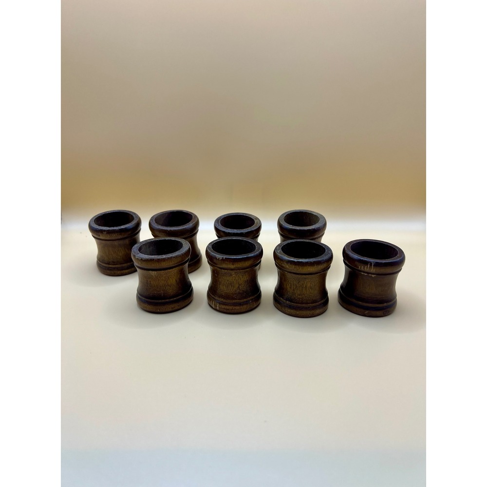 Vintage Dark Wood Napkin Rings Set of 8 Spool Hourglass Shape Brown Rustic Decor